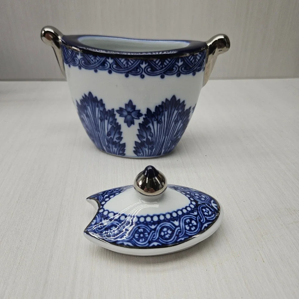 Bombay Blue White Porcelain Tea Set Teapot Sugar Creamer Silver Trim 3 Piece